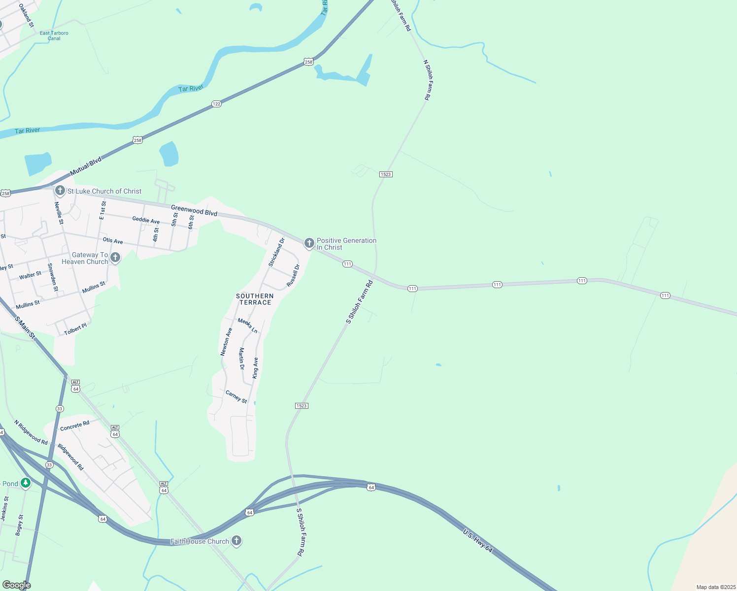 map of restaurants, bars, coffee shops, grocery stores, and more near 103 South Shiloh Farm Road in Tarboro
