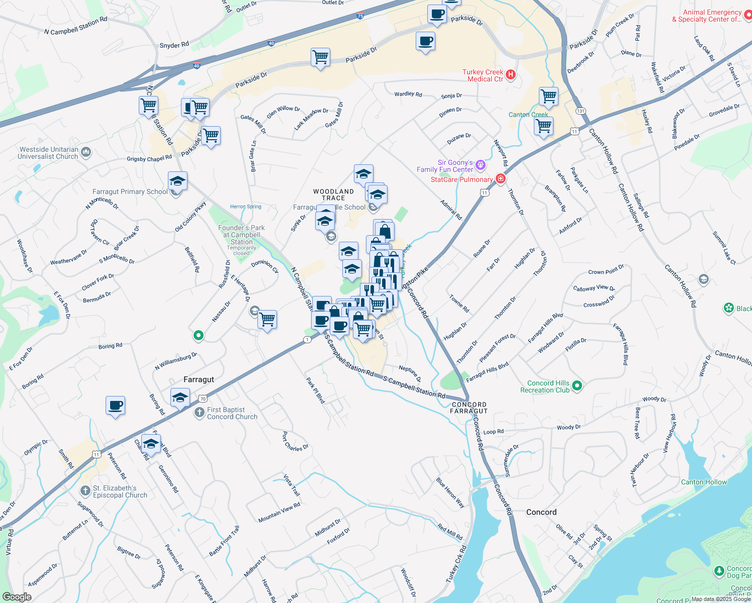 map of restaurants, bars, coffee shops, grocery stores, and more near 11244 Kingston Pike in Farragut