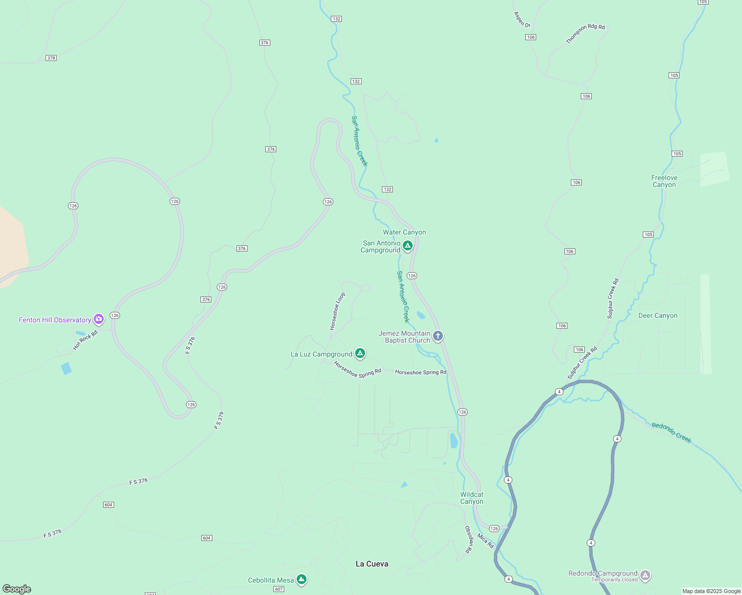 map of restaurants, bars, coffee shops, grocery stores, and more near 34 Horseshoe Circle in Jemez Springs