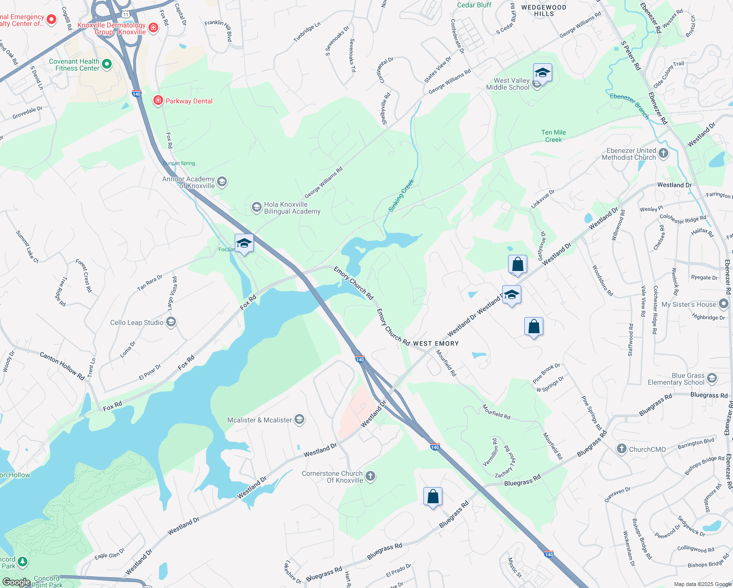 map of restaurants, bars, coffee shops, grocery stores, and more near 975 Emory Church Road in Knoxville