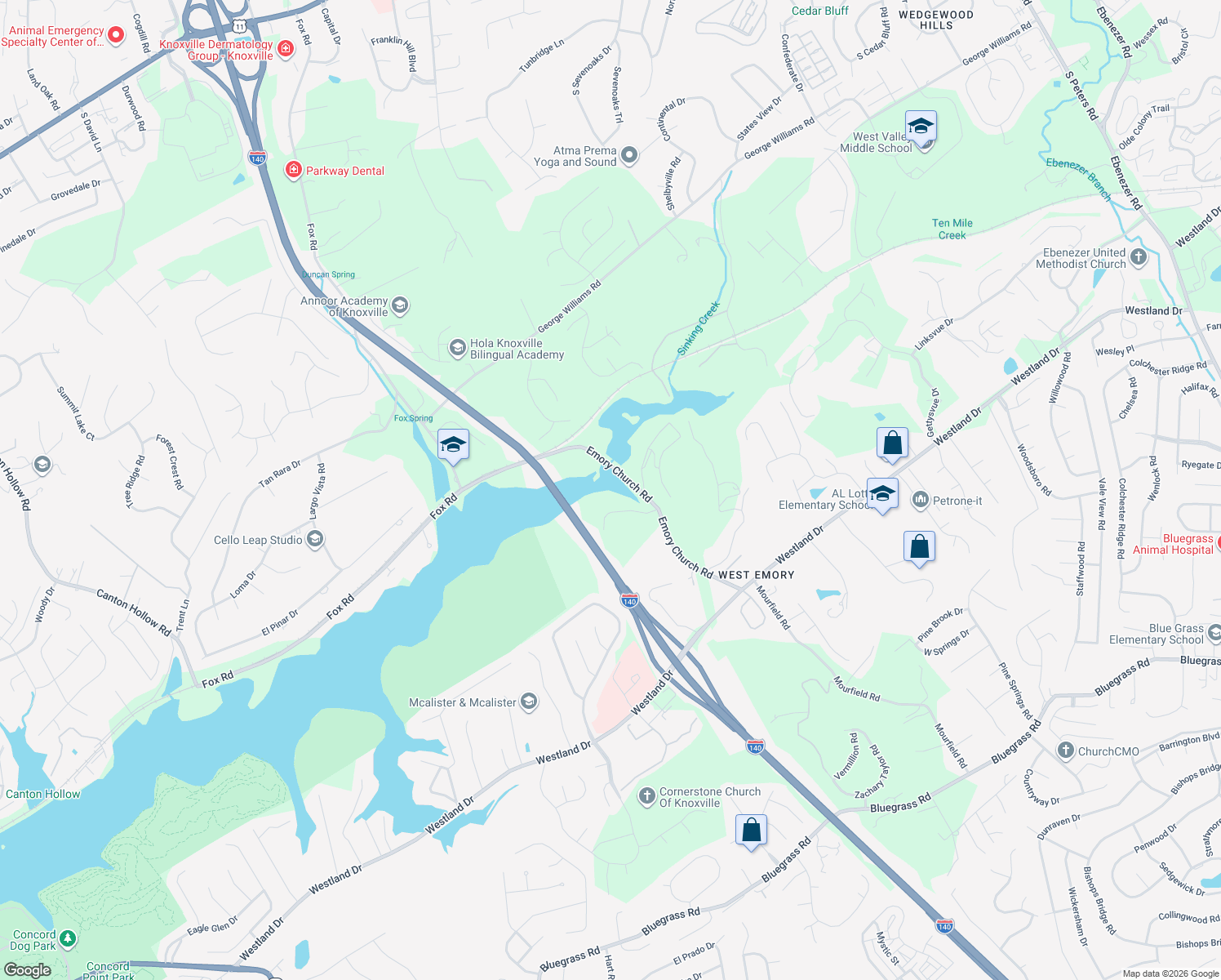map of restaurants, bars, coffee shops, grocery stores, and more near 975 Emory Church Road in Knoxville