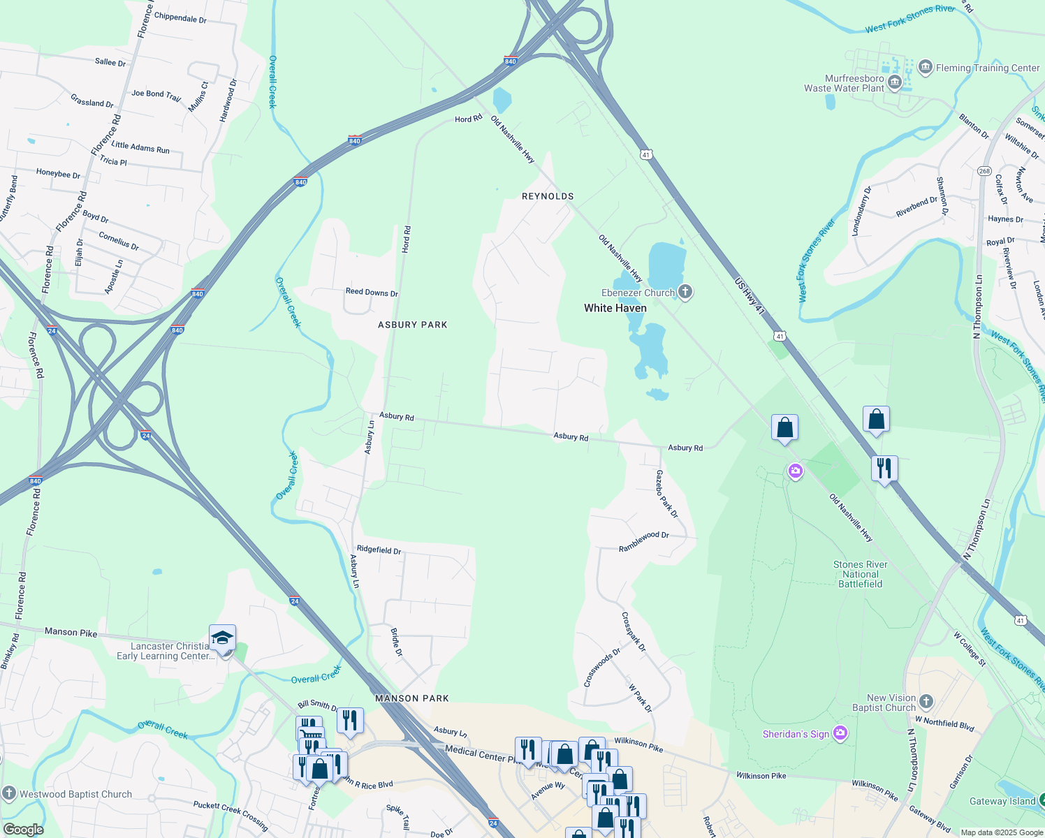map of restaurants, bars, coffee shops, grocery stores, and more near 3335 Asbury Road in Murfreesboro