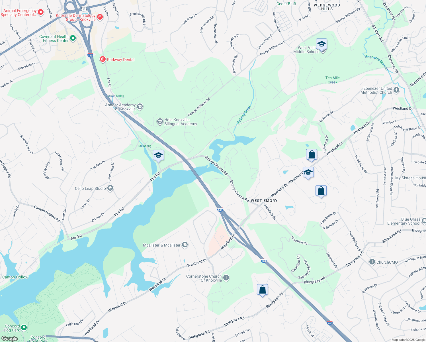 map of restaurants, bars, coffee shops, grocery stores, and more near 975 Emory Church Road in Knoxville