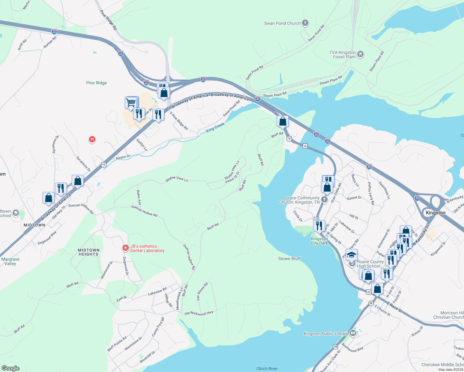 map of restaurants, bars, coffee shops, grocery stores, and more near 333 Skyline View Lane in Kingston