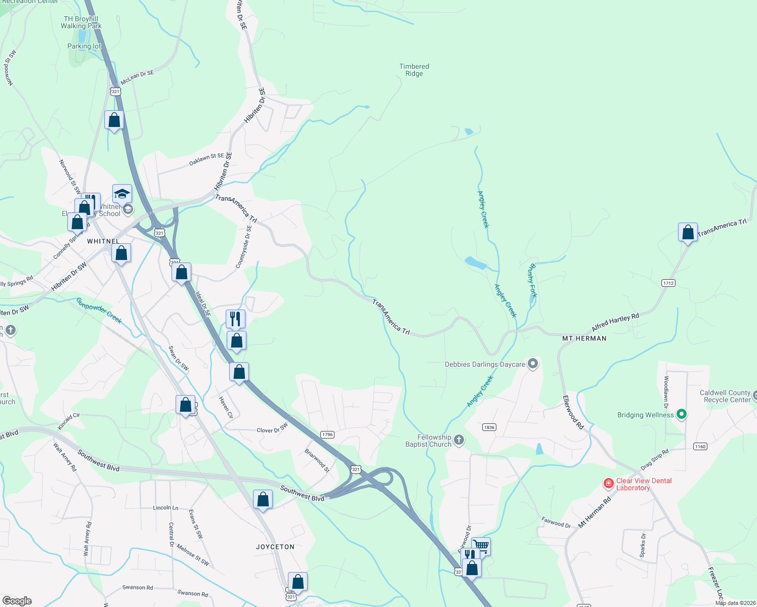 map of restaurants, bars, coffee shops, grocery stores, and more near 1868 Starcross Road in Lenoir