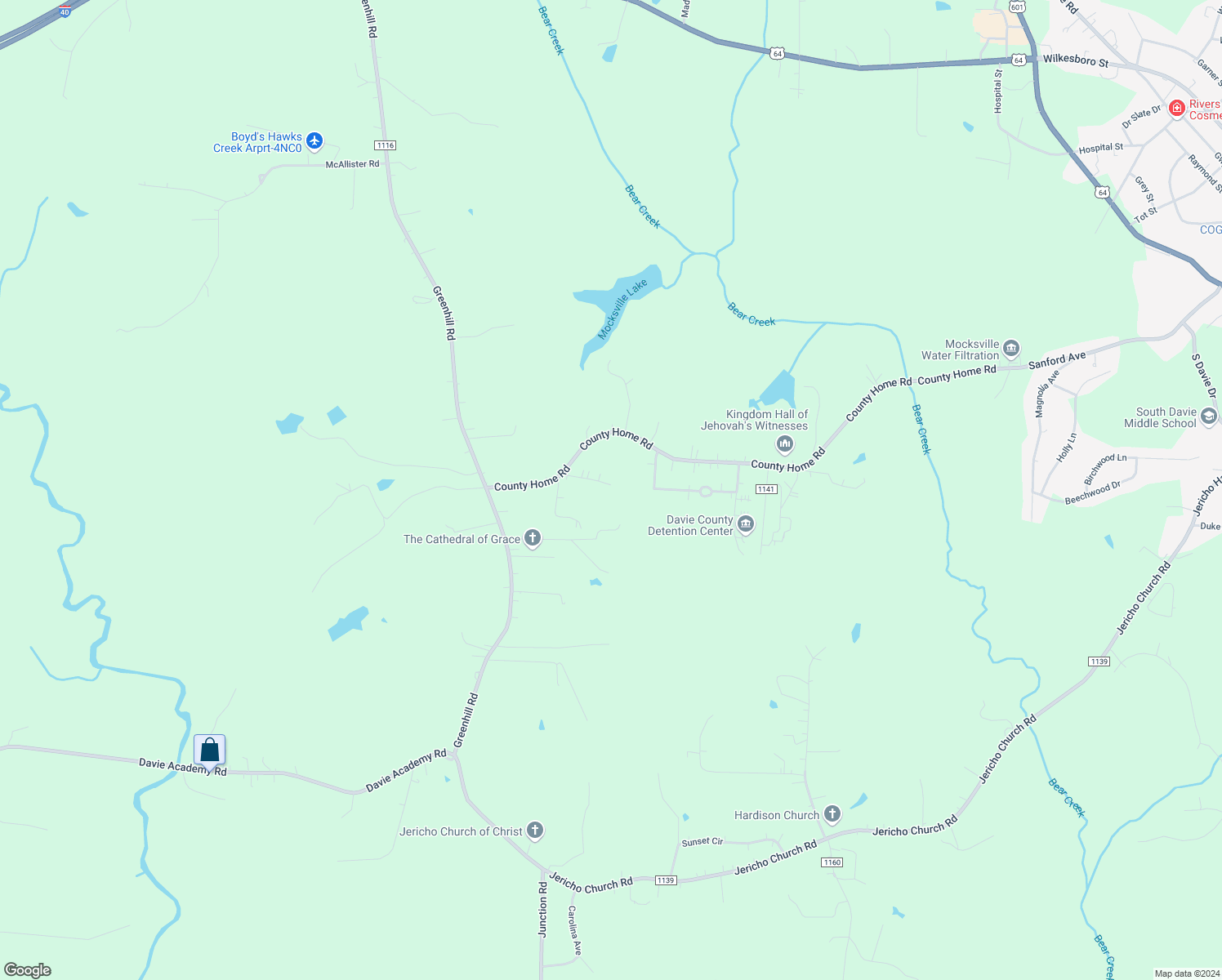 map of restaurants, bars, coffee shops, grocery stores, and more near 150 Friendship Court in Mocksville