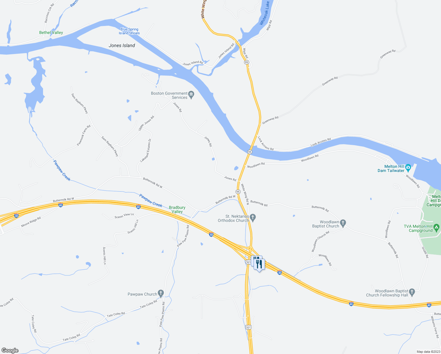 map of restaurants, bars, coffee shops, grocery stores, and more near 625 Jones Road in Lenoir City