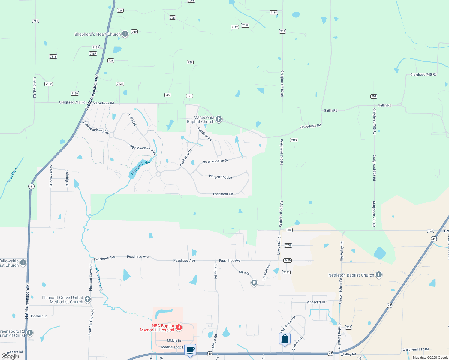 map of restaurants, bars, coffee shops, grocery stores, and more near 4913 Winged Foot Lane in Jonesboro