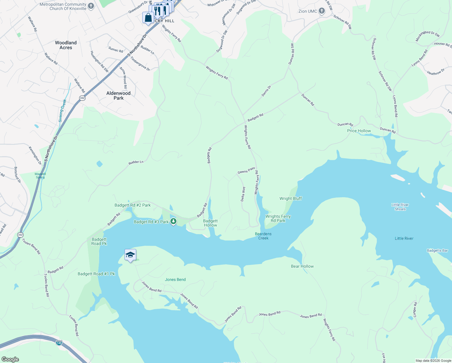 map of restaurants, bars, coffee shops, grocery stores, and more near 2211 Misty Trce in Knoxville