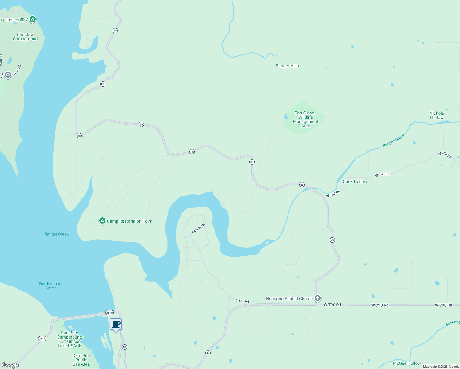 map of restaurants, bars, coffee shops, grocery stores, and more near 19982 Oklahoma 80 in Hulbert