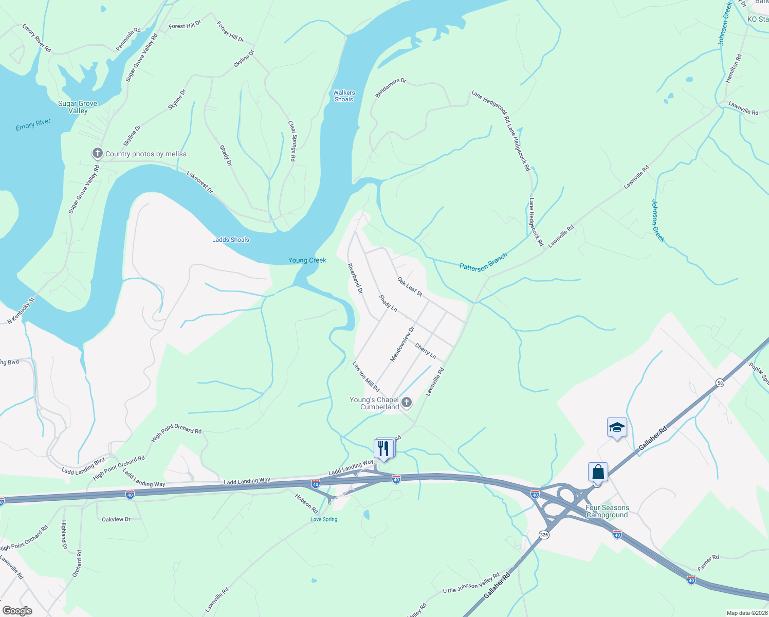 map of restaurants, bars, coffee shops, grocery stores, and more near 415 Lawson Mill Road in Kingston
