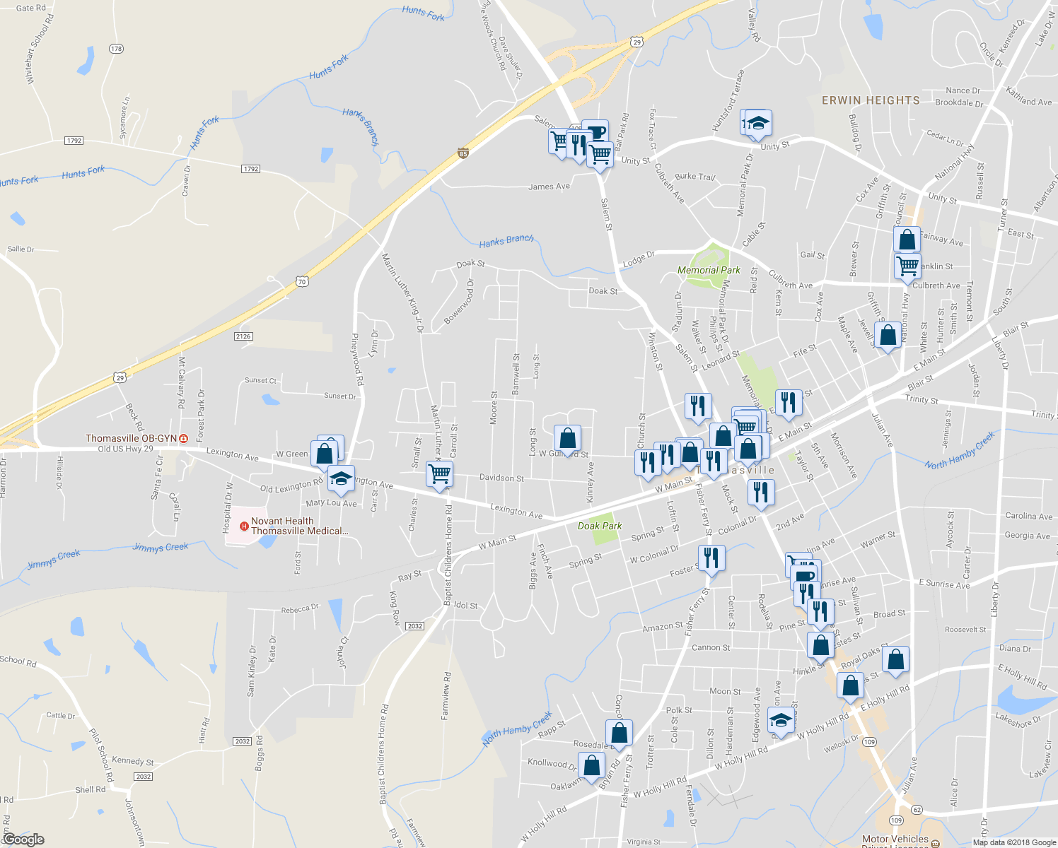 map of restaurants, bars, coffee shops, grocery stores, and more near 226 Long Street in Thomasville