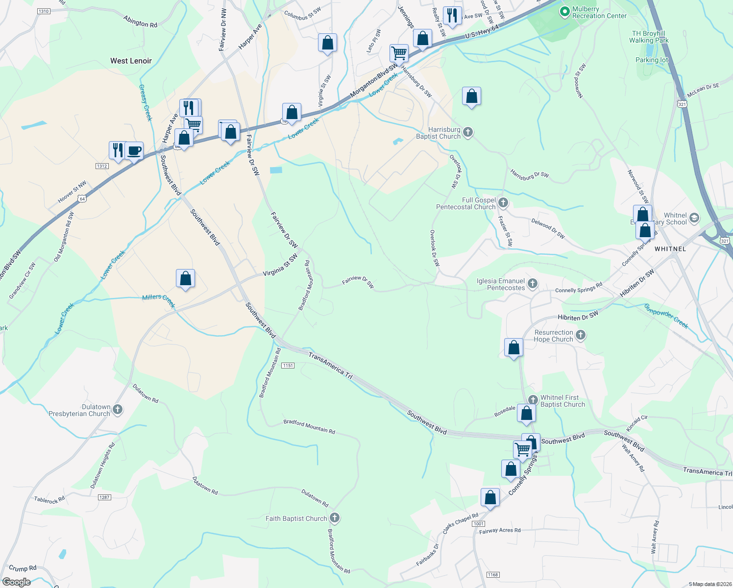 map of restaurants, bars, coffee shops, grocery stores, and more near 1320 Fairview Drive Southwest in Lenoir