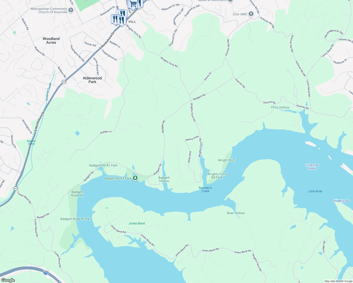 map of restaurants, bars, coffee shops, grocery stores, and more near 2211 Misty Trce in Knoxville