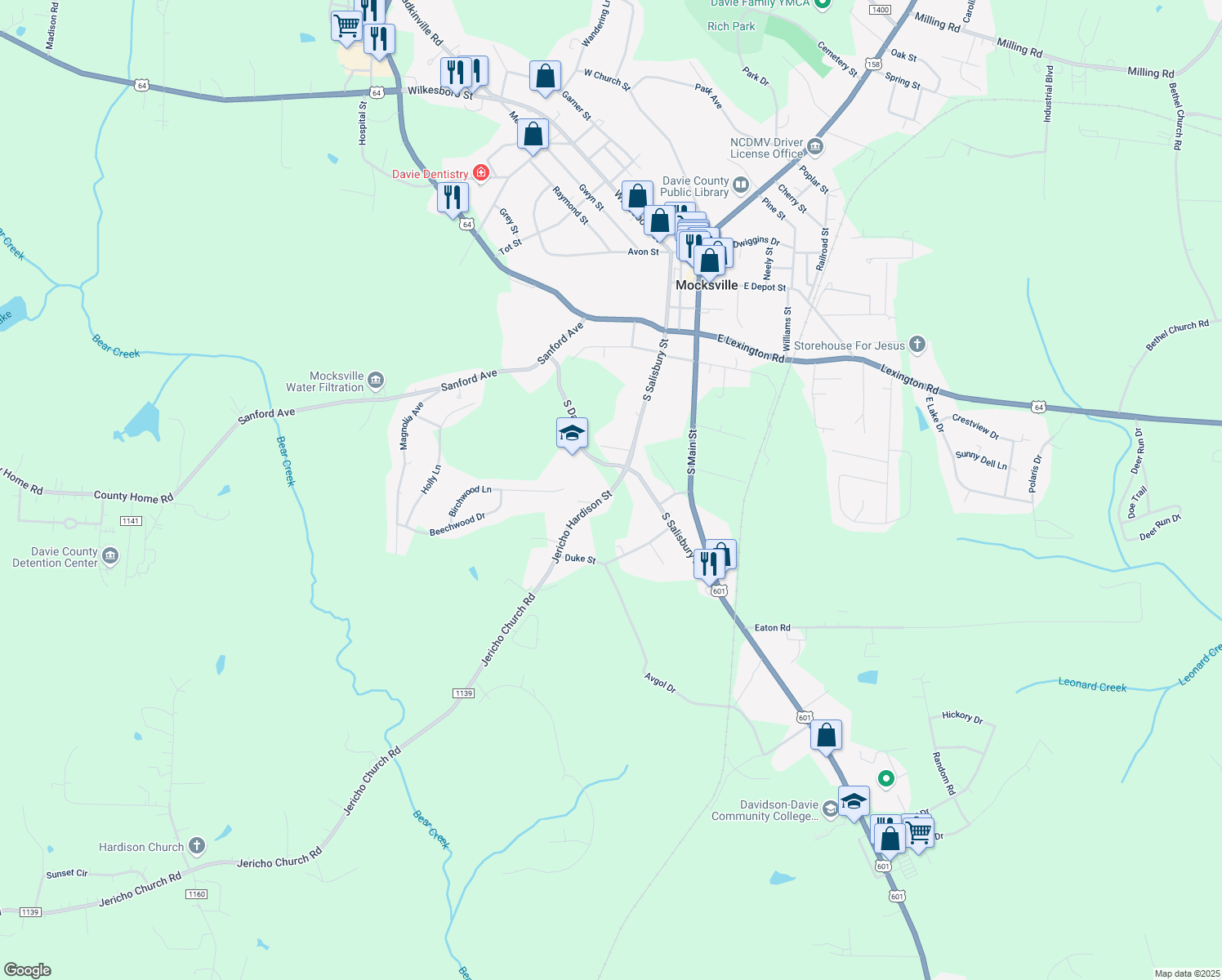 map of restaurants, bars, coffee shops, grocery stores, and more near 805 Jericho Hardison Street in Mocksville