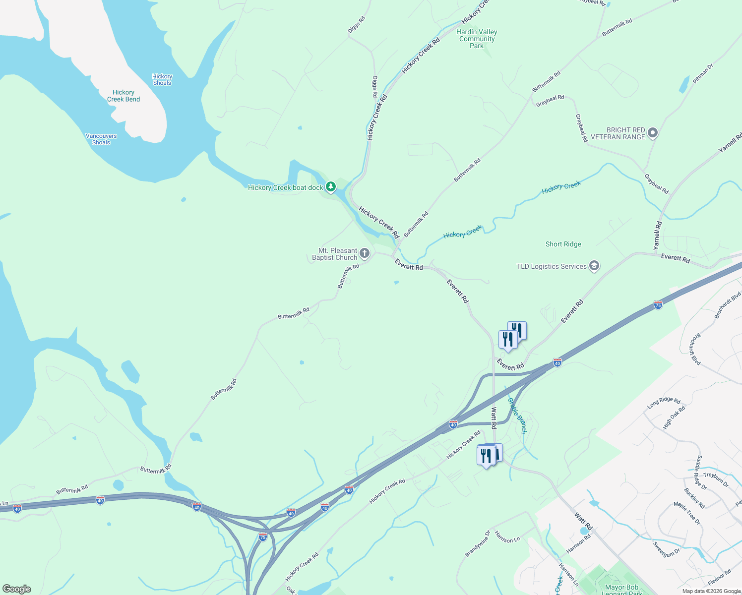 map of restaurants, bars, coffee shops, grocery stores, and more near 13206 Buttermilk Road in Knoxville