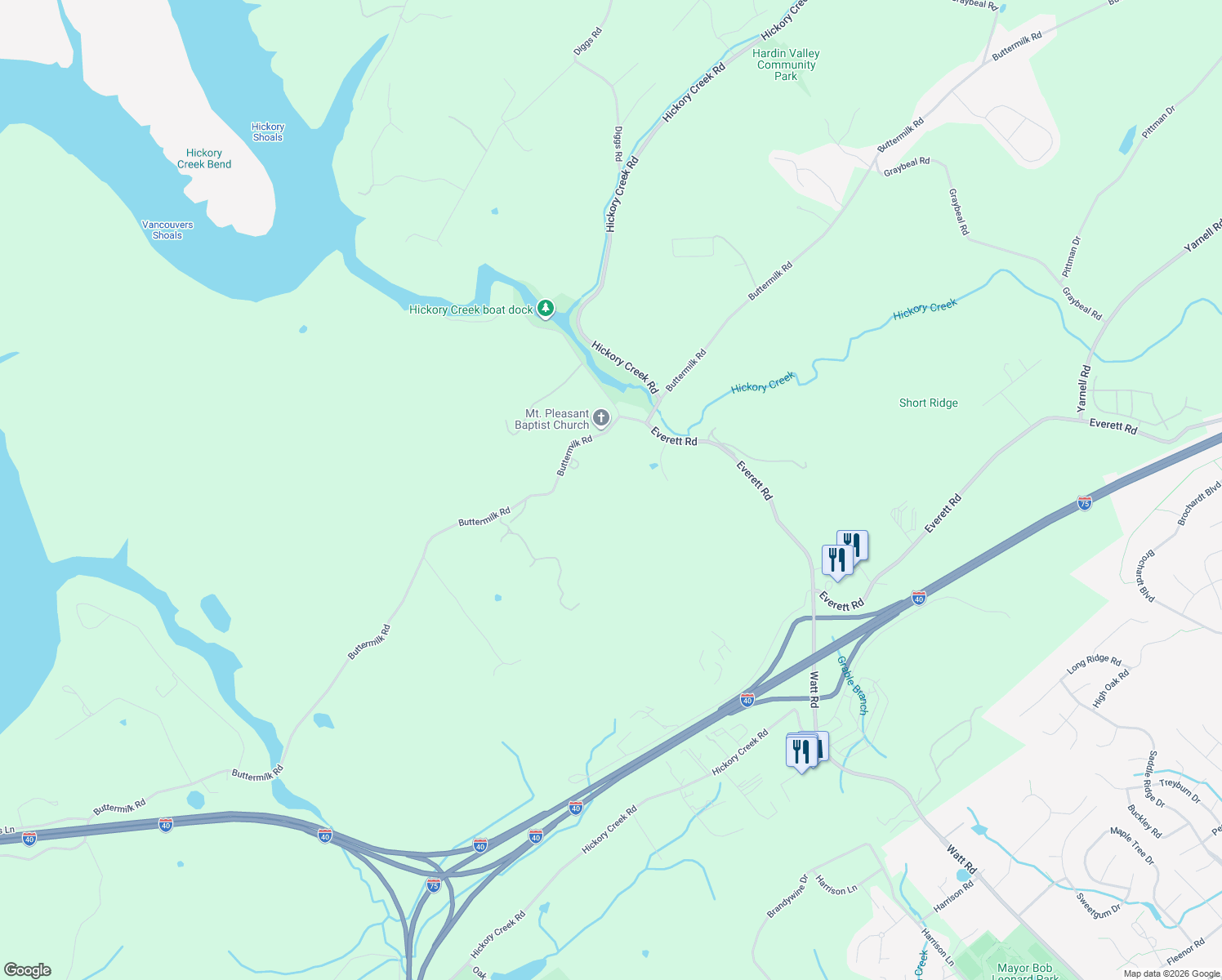 map of restaurants, bars, coffee shops, grocery stores, and more near 13206 Buttermilk Road in Knoxville