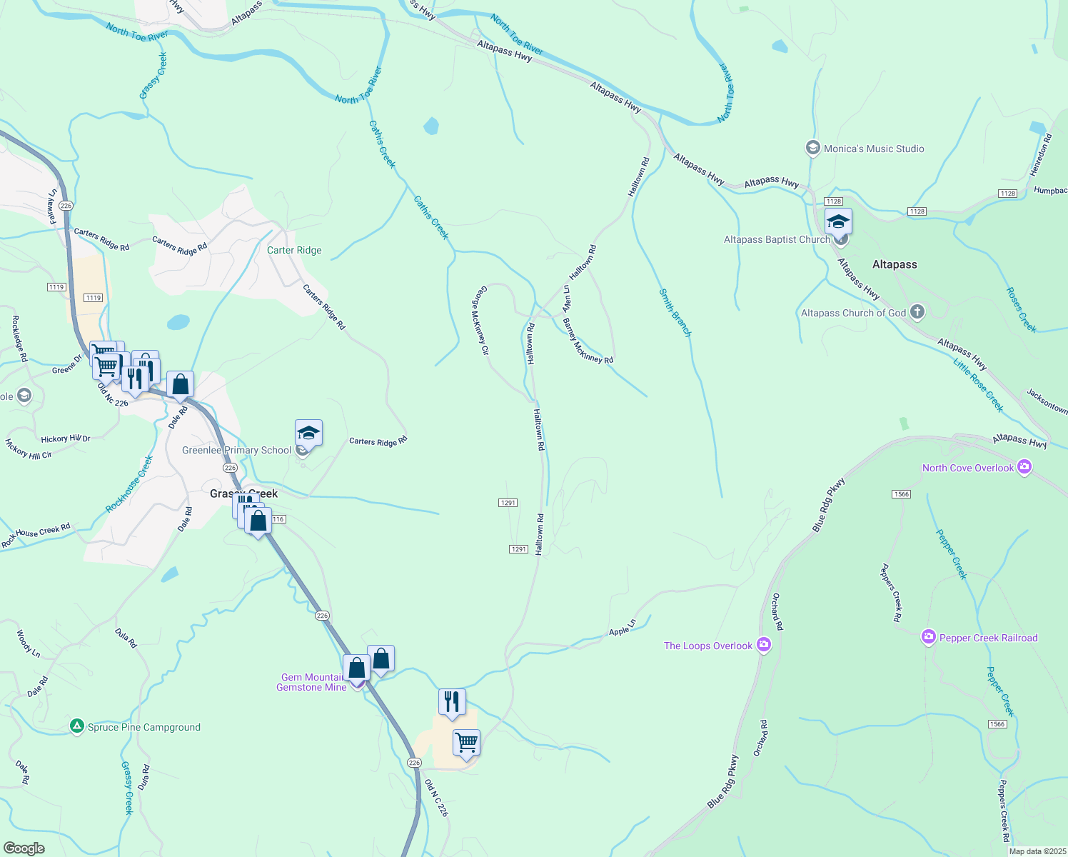 map of restaurants, bars, coffee shops, grocery stores, and more near 1252 Halltown Road in Spruce Pine