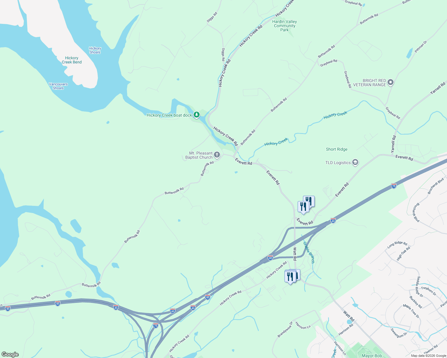 map of restaurants, bars, coffee shops, grocery stores, and more near 13206 Buttermilk Road in Knoxville