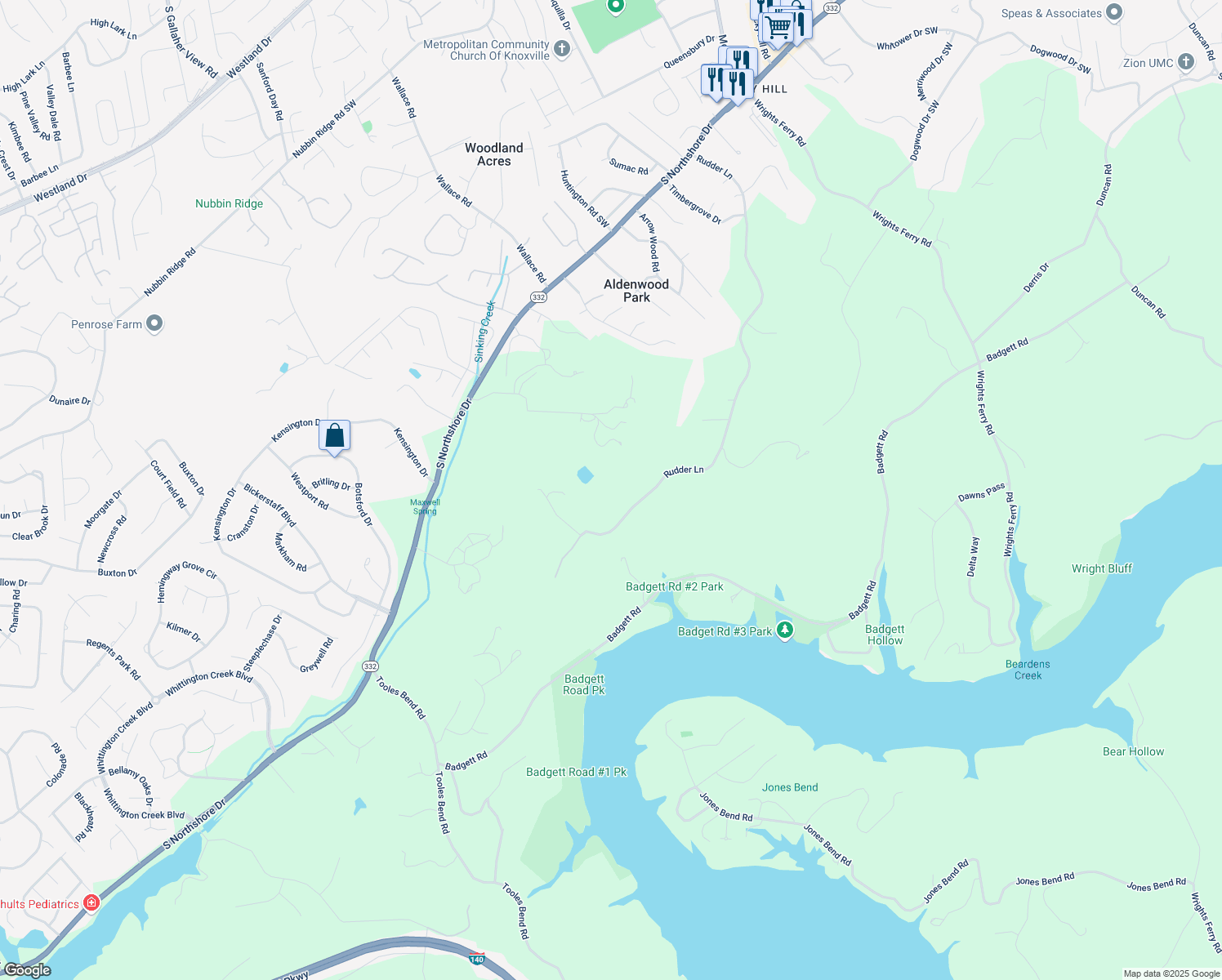 map of restaurants, bars, coffee shops, grocery stores, and more near 1919 Rudder Lane in Knoxville