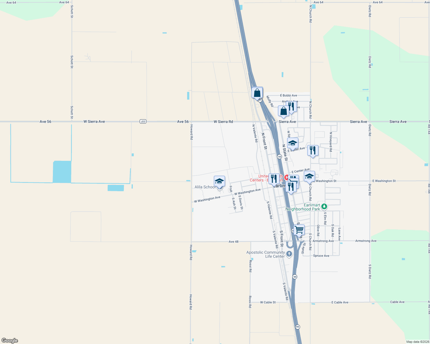 map of restaurants, bars, coffee shops, grocery stores, and more near Main Ave in Earlimart