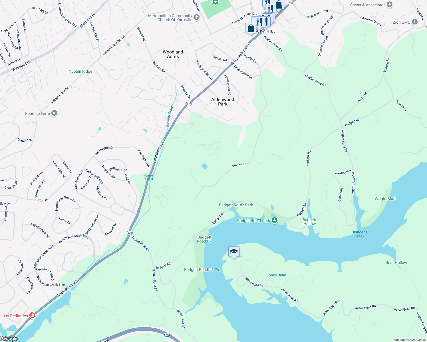 map of restaurants, bars, coffee shops, grocery stores, and more near 1919 Rudder Lane in Knoxville