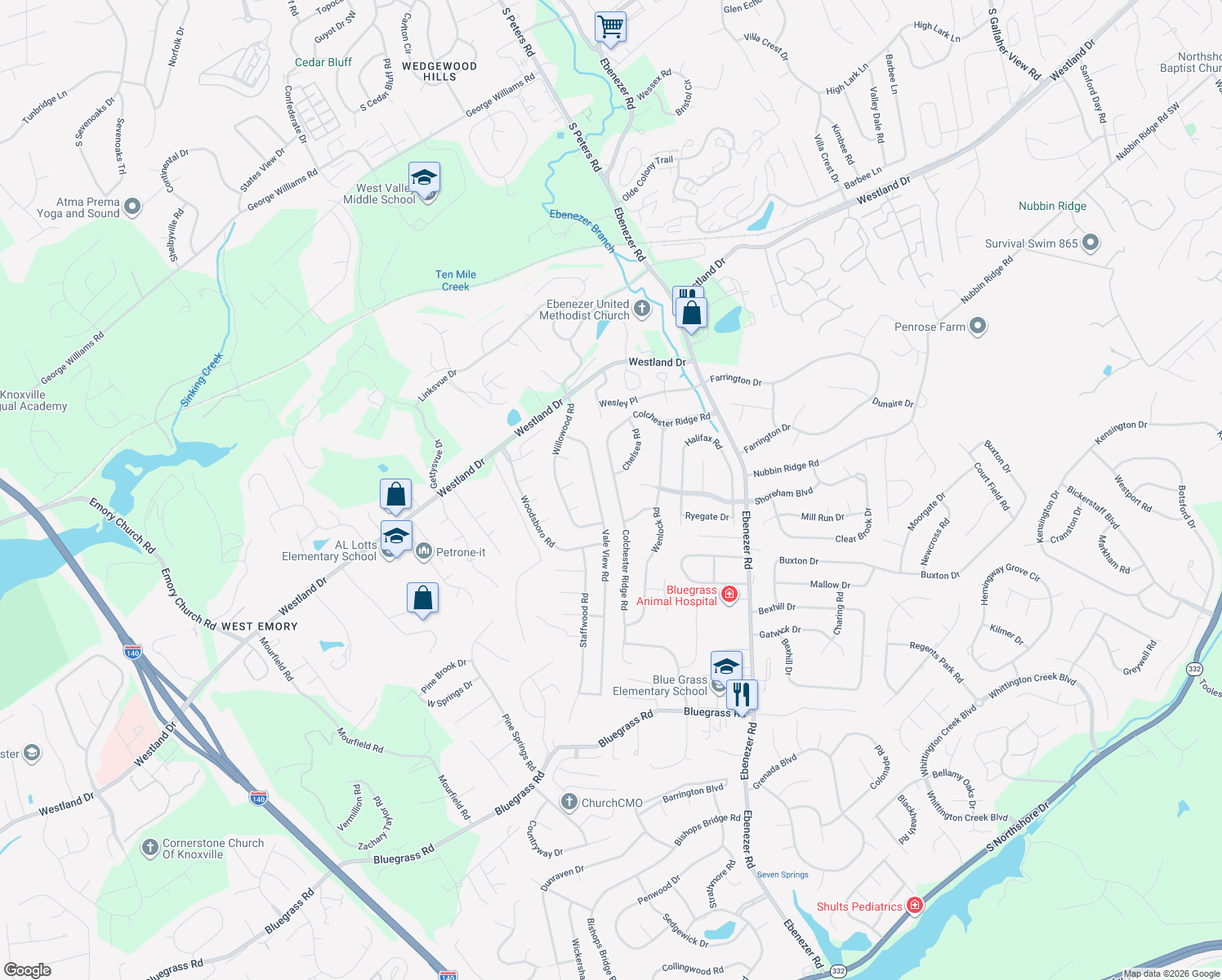 map of restaurants, bars, coffee shops, grocery stores, and more near 9009 Colchester Ridge Road in Knoxville