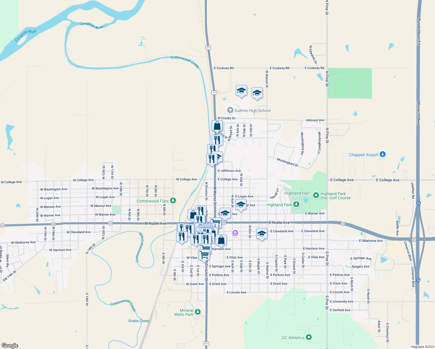 map of restaurants, bars, coffee shops, grocery stores, and more near 816 North Wentz Street in Guthrie