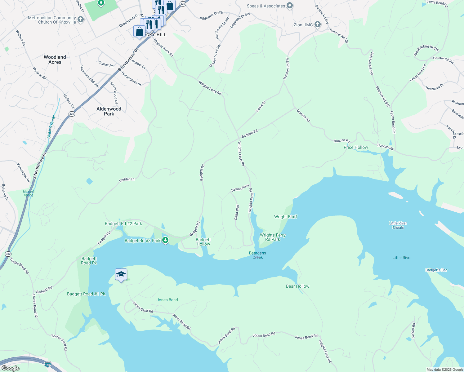 map of restaurants, bars, coffee shops, grocery stores, and more near 2217 Dawns Pass in Knoxville