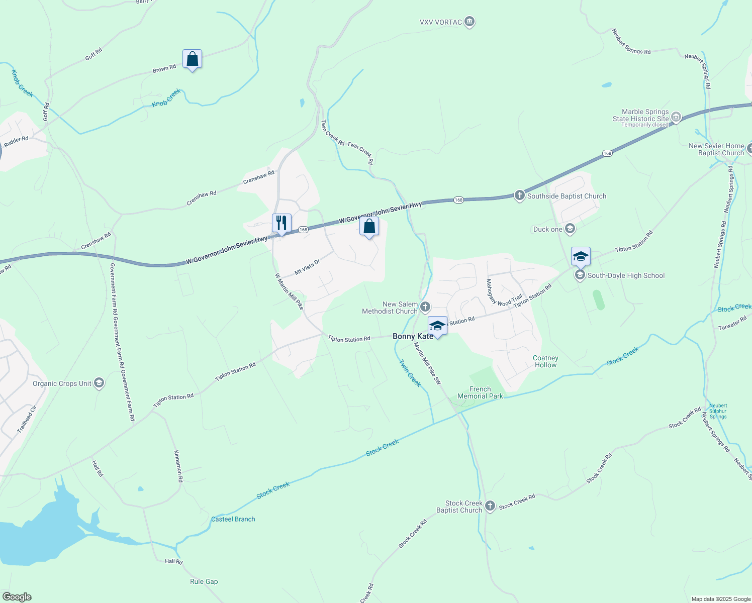 map of restaurants, bars, coffee shops, grocery stores, and more near 7500 Rule Road in Knoxville