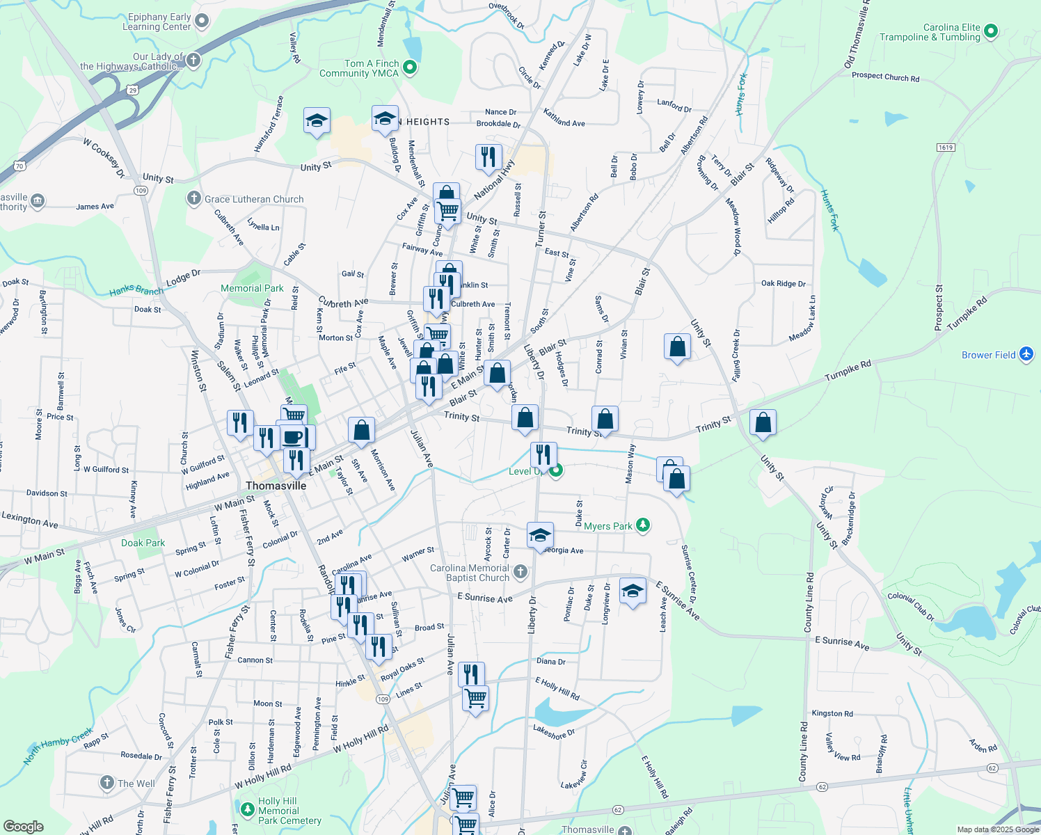 map of restaurants, bars, coffee shops, grocery stores, and more near 906 Trinity St in Thomasville