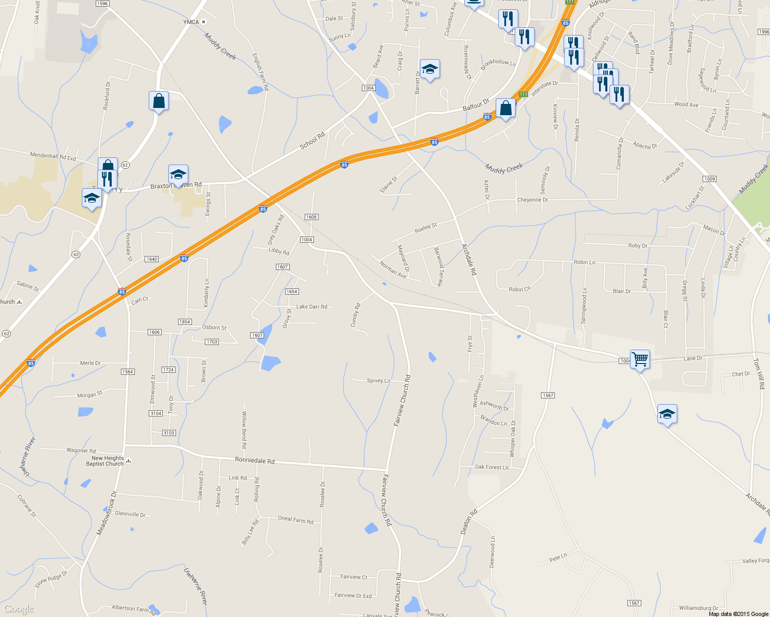 map of restaurants, bars, coffee shops, grocery stores, and more near 6903 Fairview Church Road in Trinity