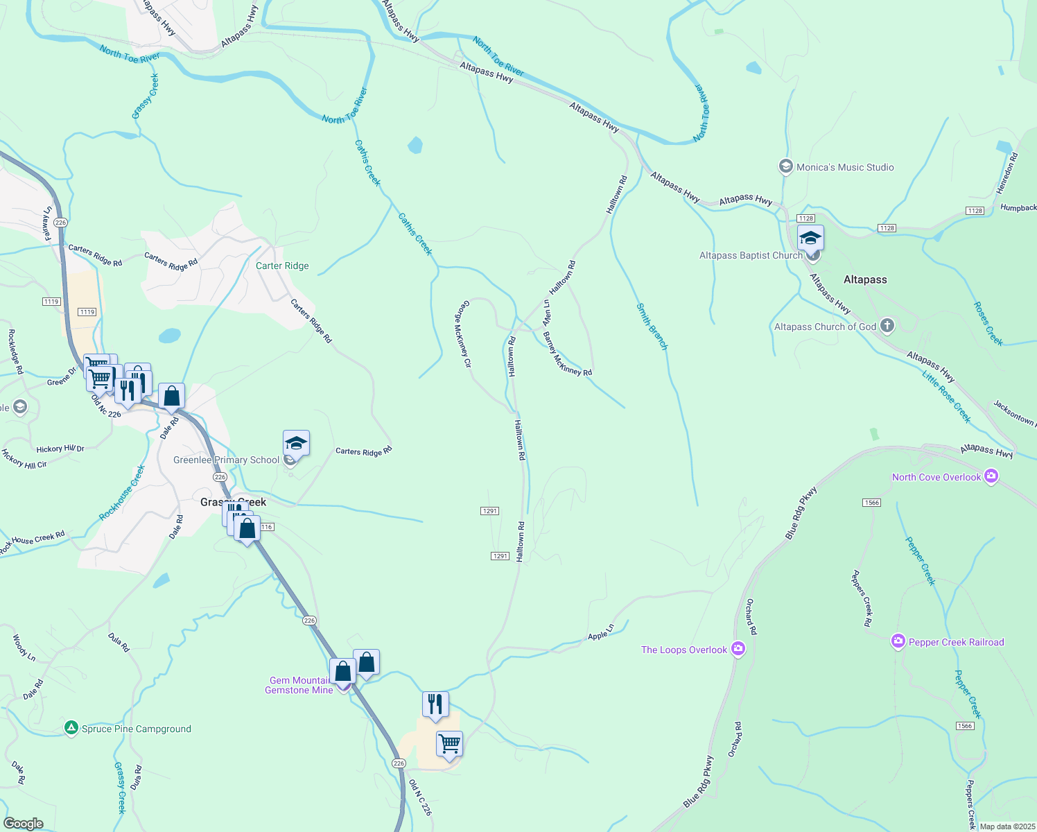 map of restaurants, bars, coffee shops, grocery stores, and more near 1252 Halltown Road in Spruce Pine