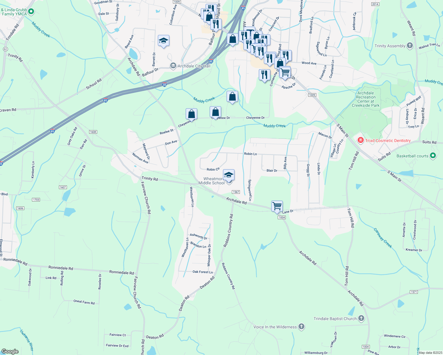 map of restaurants, bars, coffee shops, grocery stores, and more near 118 Winchester Court in Trinity
