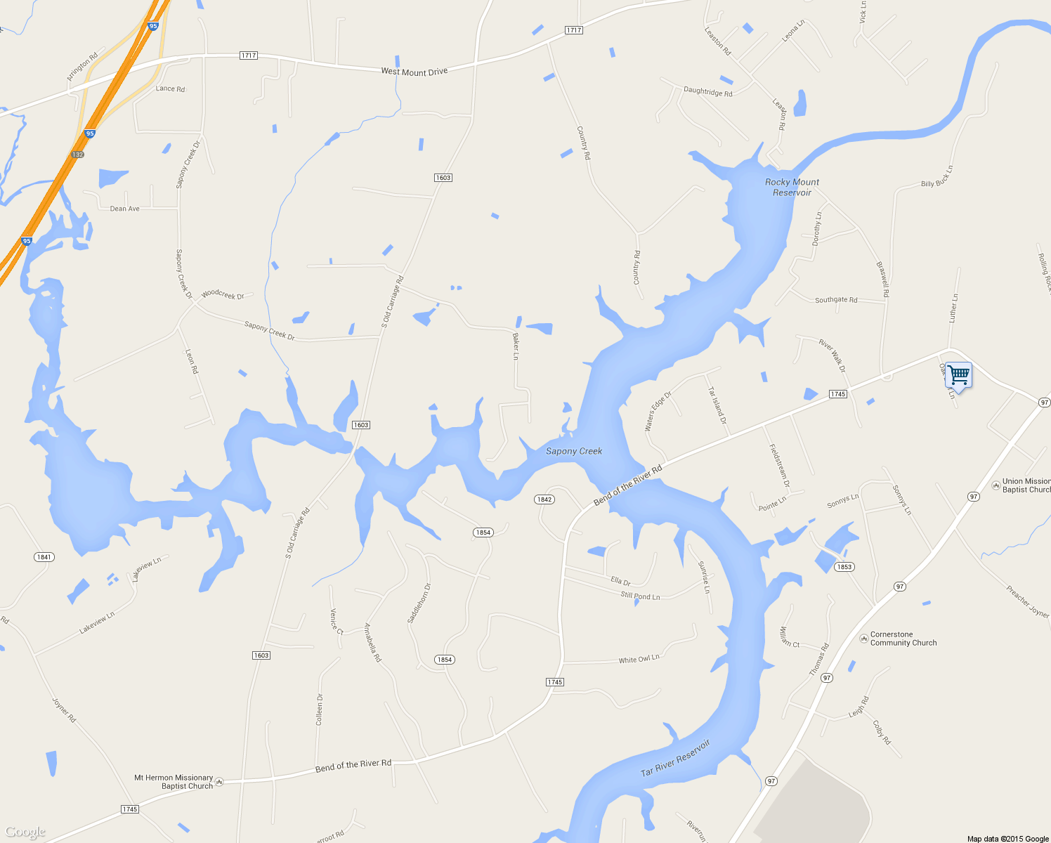 map of restaurants, bars, coffee shops, grocery stores, and more near 5642 Baker Lane in Rocky Mount