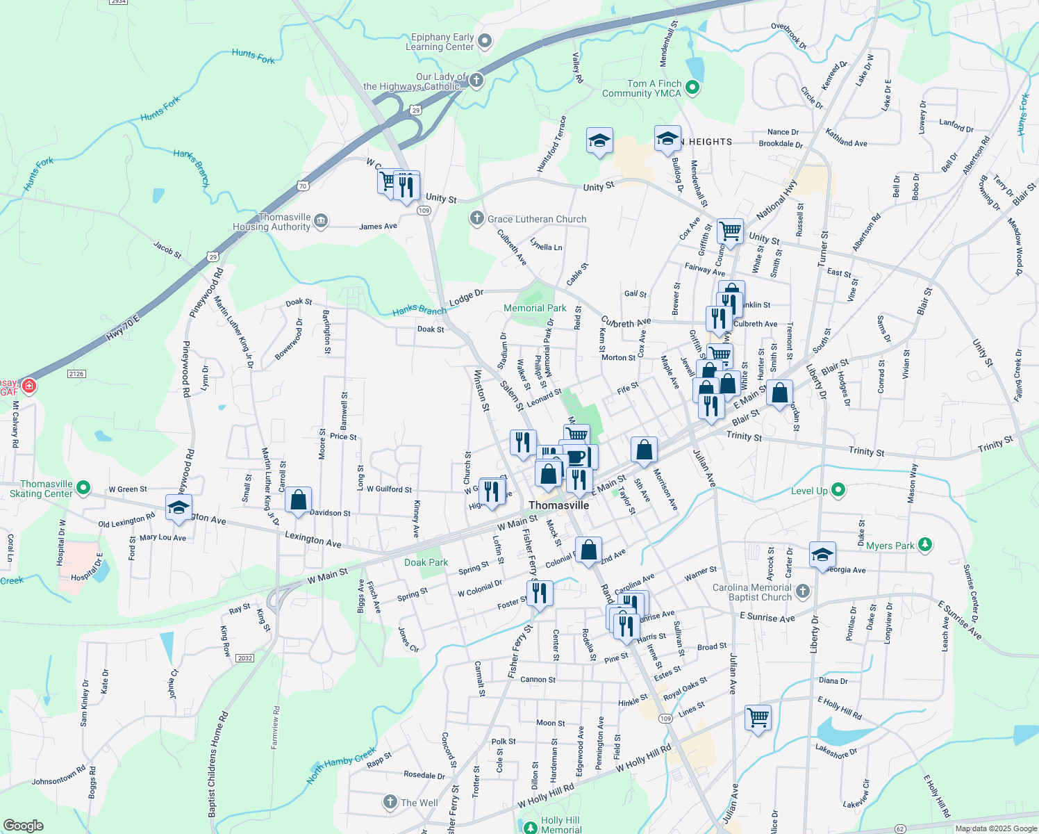 map of restaurants, bars, coffee shops, grocery stores, and more near 208 Salem Street in Thomasville