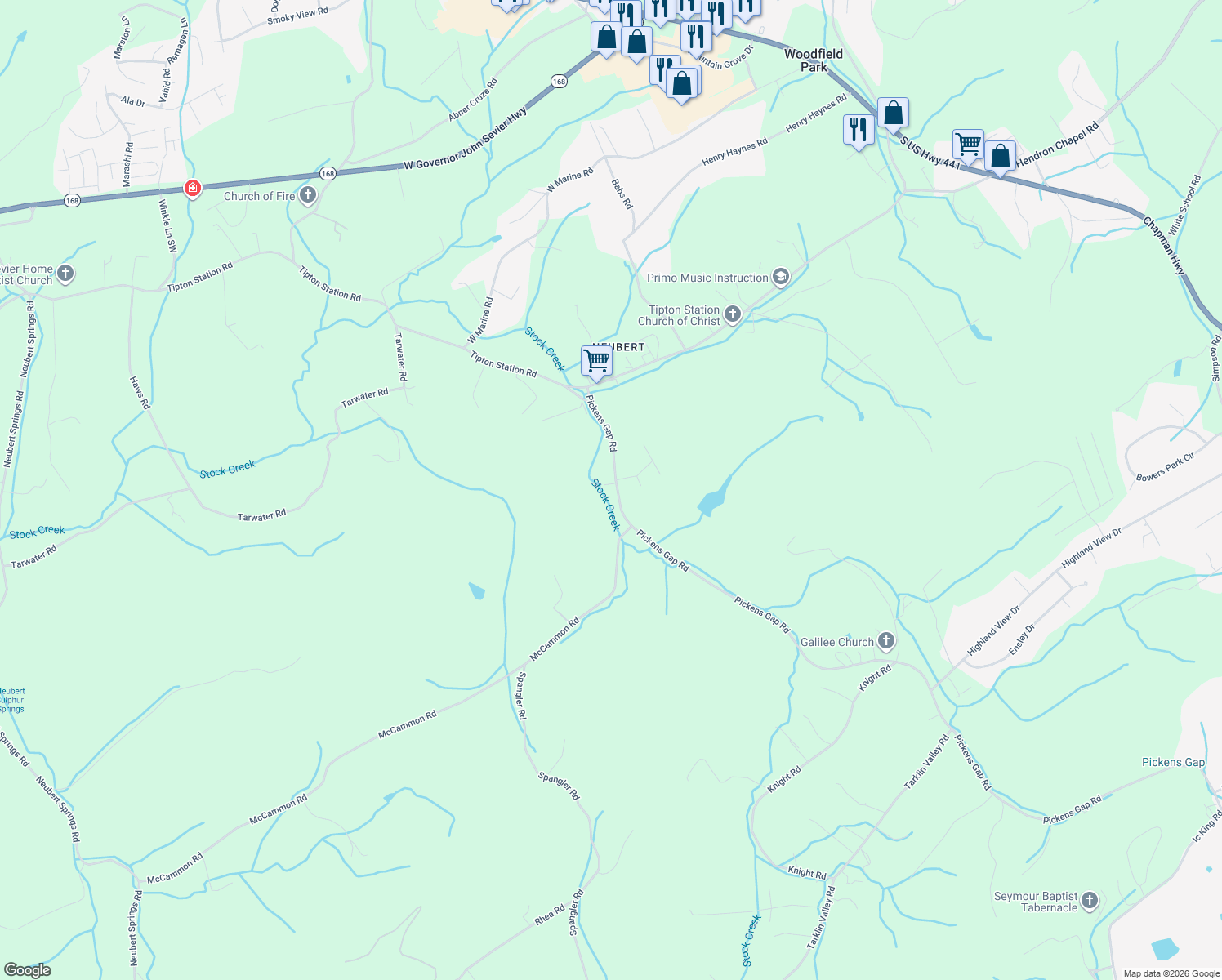 map of restaurants, bars, coffee shops, grocery stores, and more near 8215 Pickens Gap Road in Knoxville