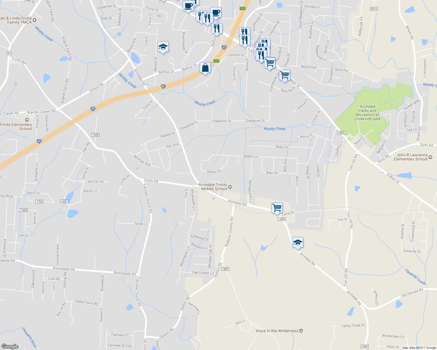 map of restaurants, bars, coffee shops, grocery stores, and more near 224 Robin Circle in Archdale