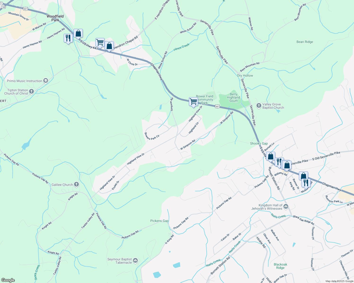 map of restaurants, bars, coffee shops, grocery stores, and more near 8712 Simpson Rd in Knoxville