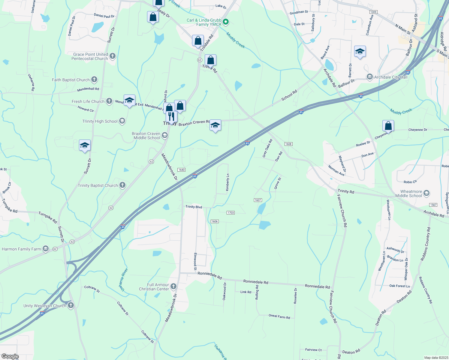 map of restaurants, bars, coffee shops, grocery stores, and more near 5492 Kimberly Lane in Trinity