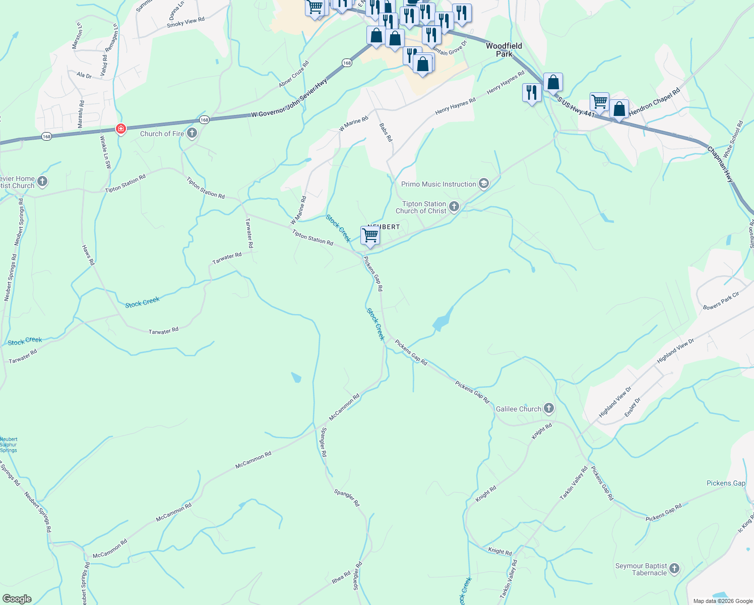 map of restaurants, bars, coffee shops, grocery stores, and more near 8215 Pickens Gap Road in Knoxville