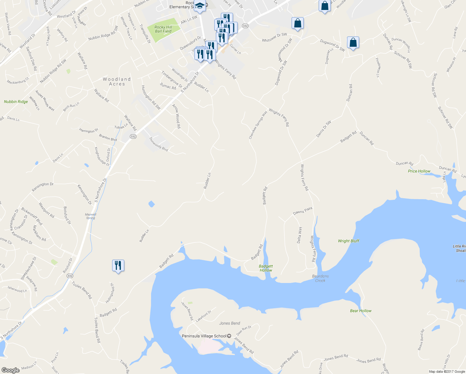 map of restaurants, bars, coffee shops, grocery stores, and more near 7833 Cherokee Springs Way in Knoxville