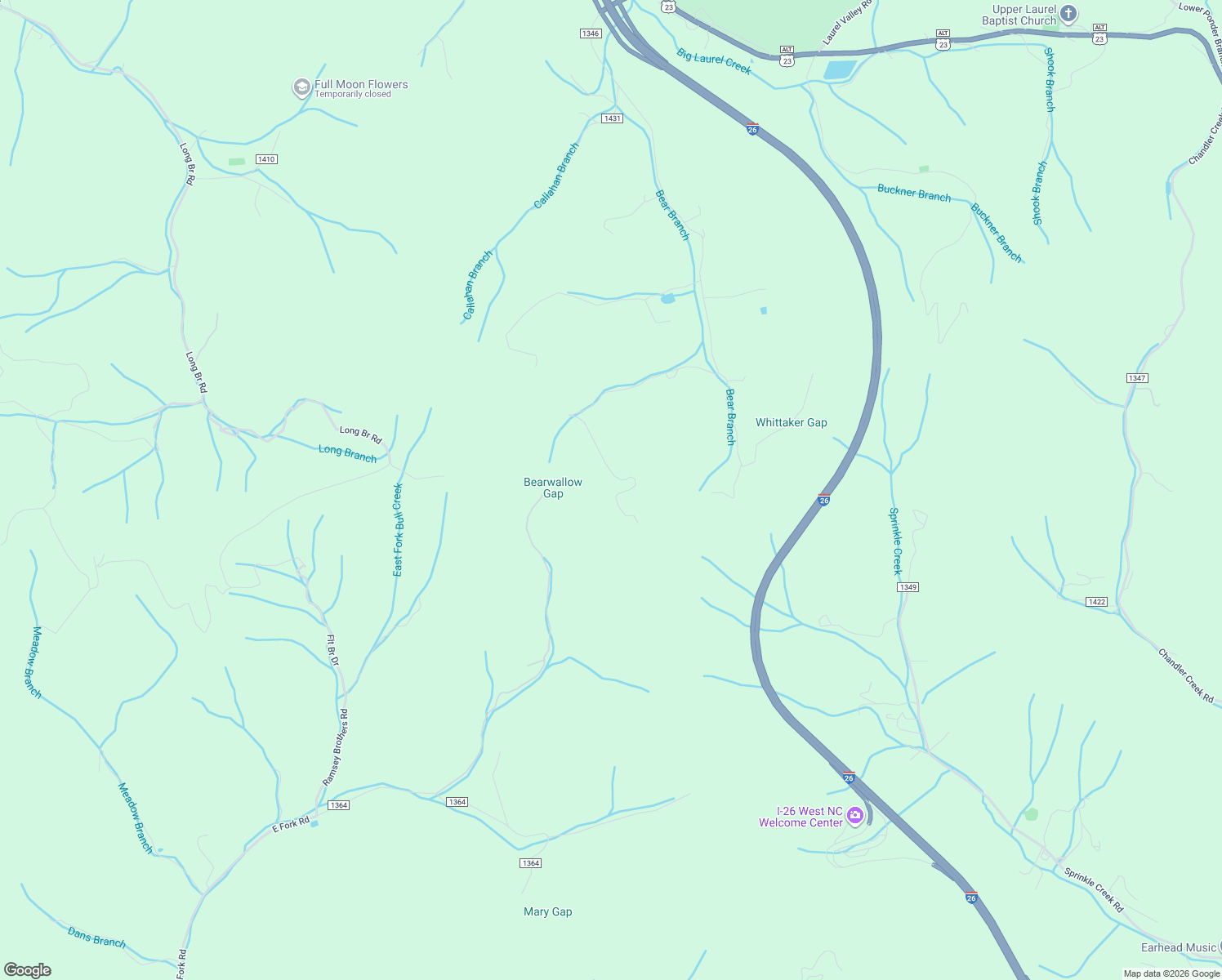map of restaurants, bars, coffee shops, grocery stores, and more near 2545 Bear Branch Road in Mars Hill