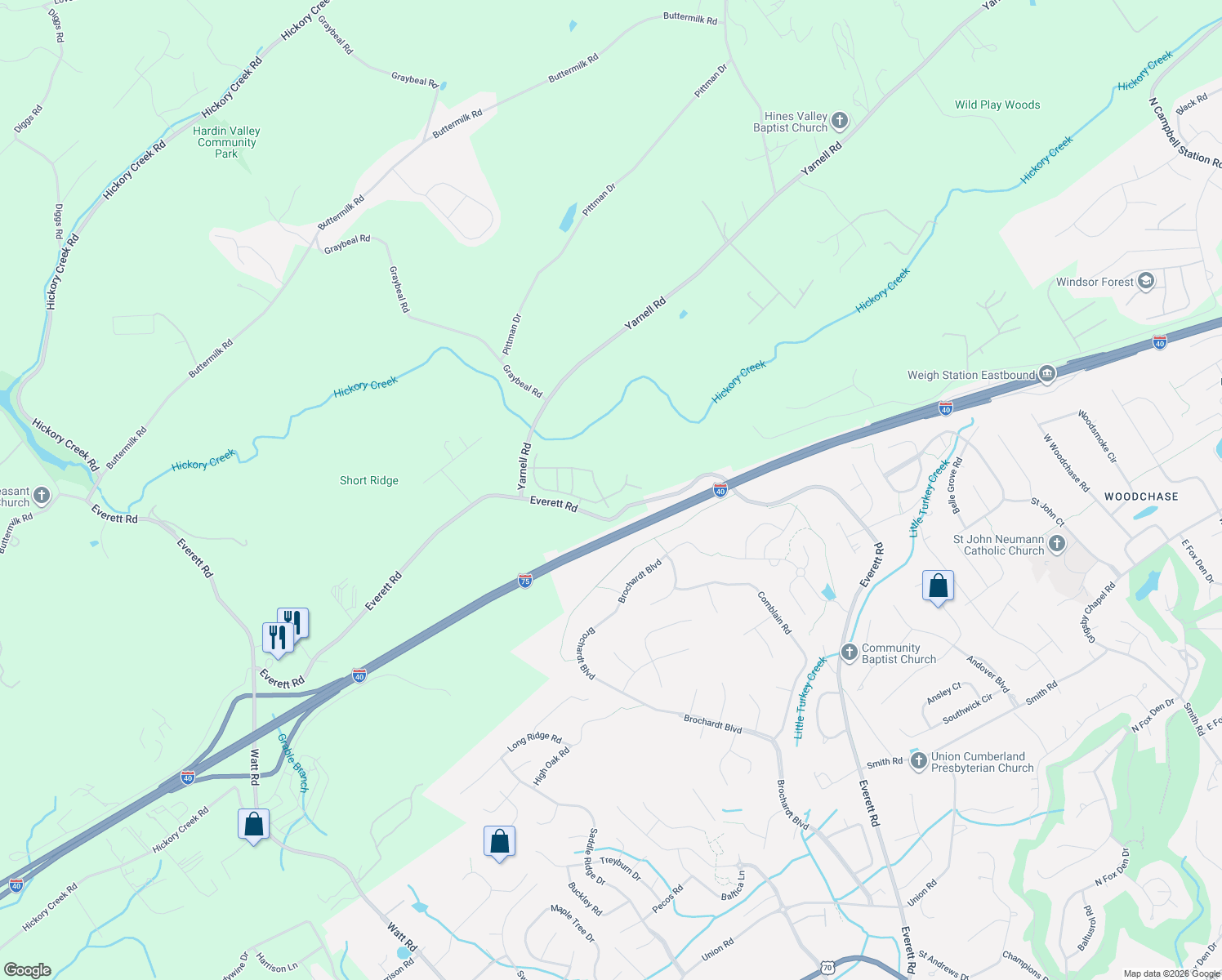 map of restaurants, bars, coffee shops, grocery stores, and more near 1032-1198 Everett Rd in Knoxville