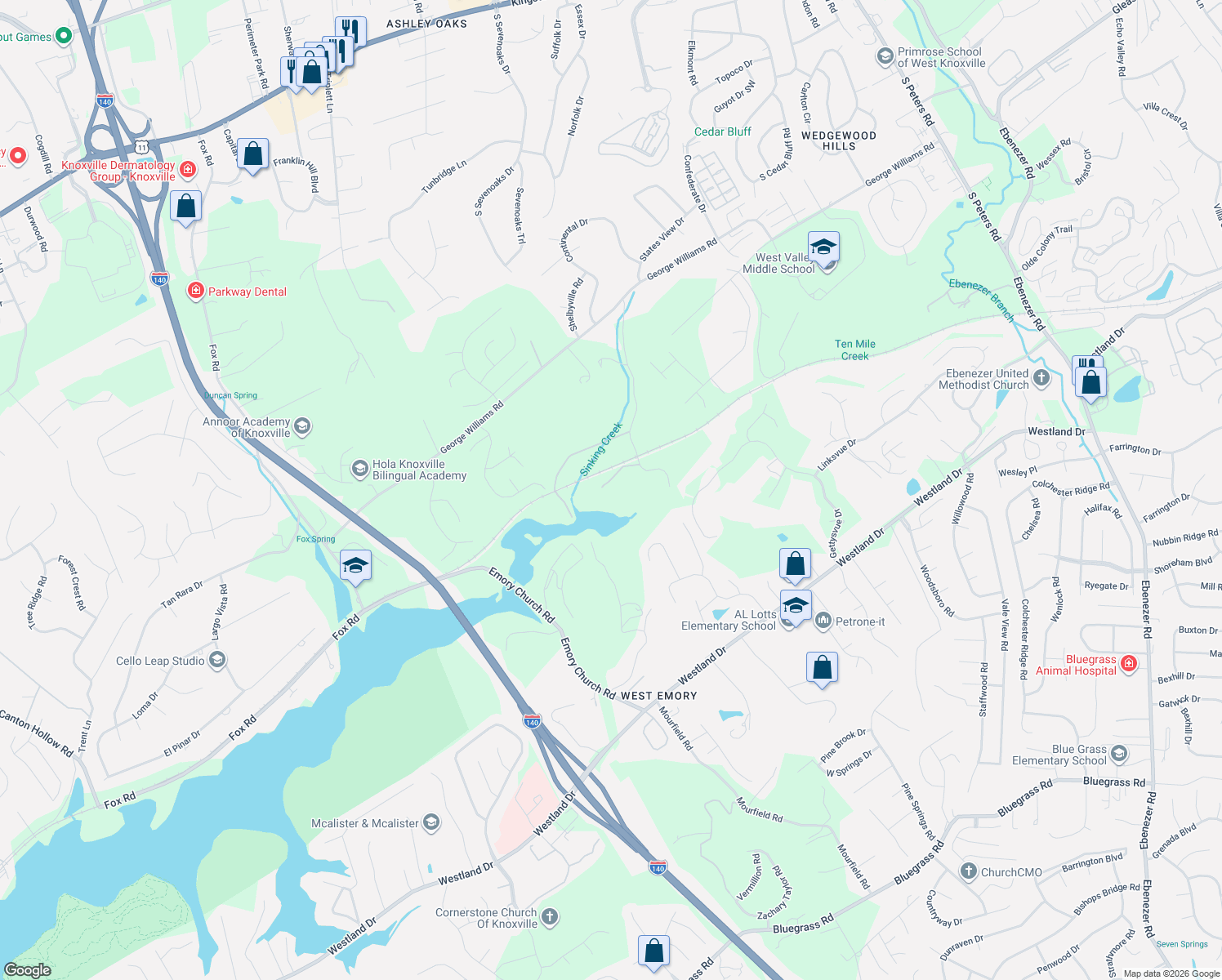 map of restaurants, bars, coffee shops, grocery stores, and more near 823 Zola Lane in Knoxville