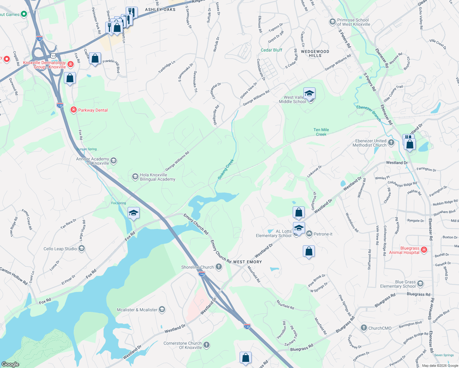 map of restaurants, bars, coffee shops, grocery stores, and more near 823 Zola Lane in Knoxville