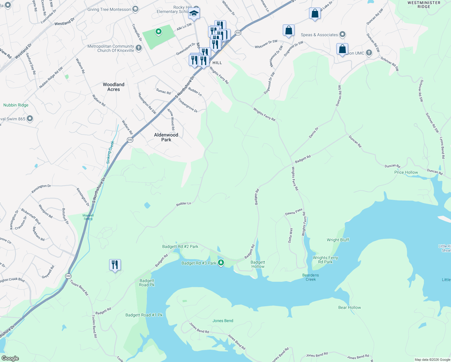 map of restaurants, bars, coffee shops, grocery stores, and more near 7833 Cherokee Springs Way in Knoxville