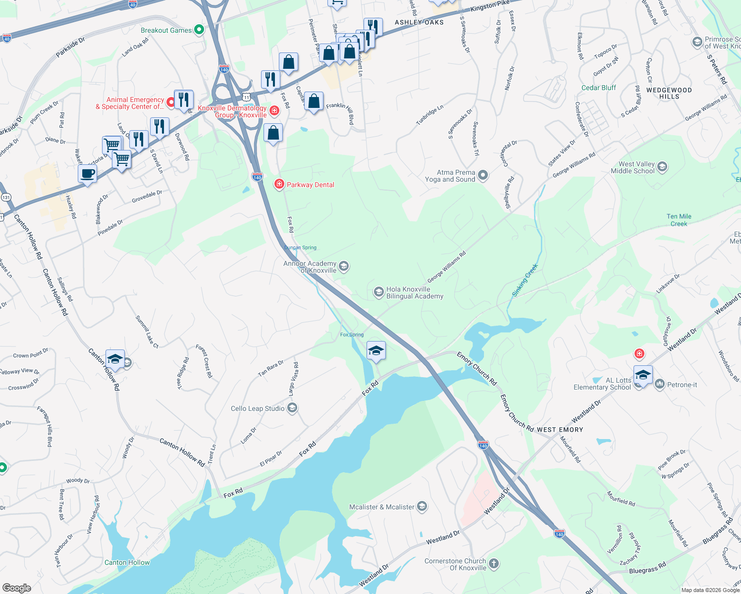map of restaurants, bars, coffee shops, grocery stores, and more near 9906 Coral Springs Lane in Knoxville