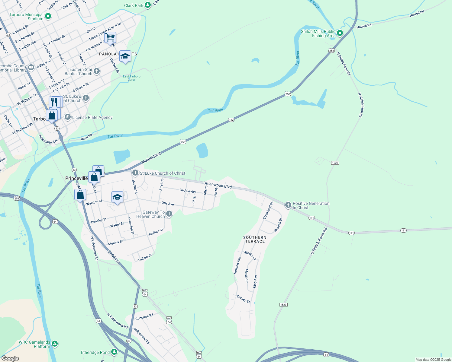 map of restaurants, bars, coffee shops, grocery stores, and more near Bridgers Place in Princeville