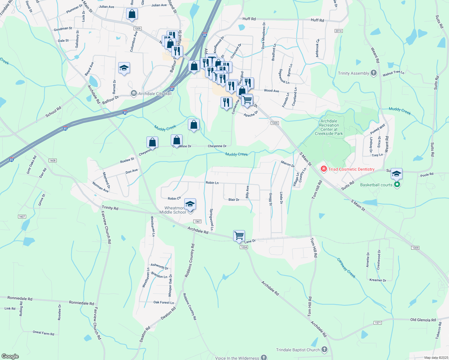 map of restaurants, bars, coffee shops, grocery stores, and more near 709 Robin Lane in Archdale